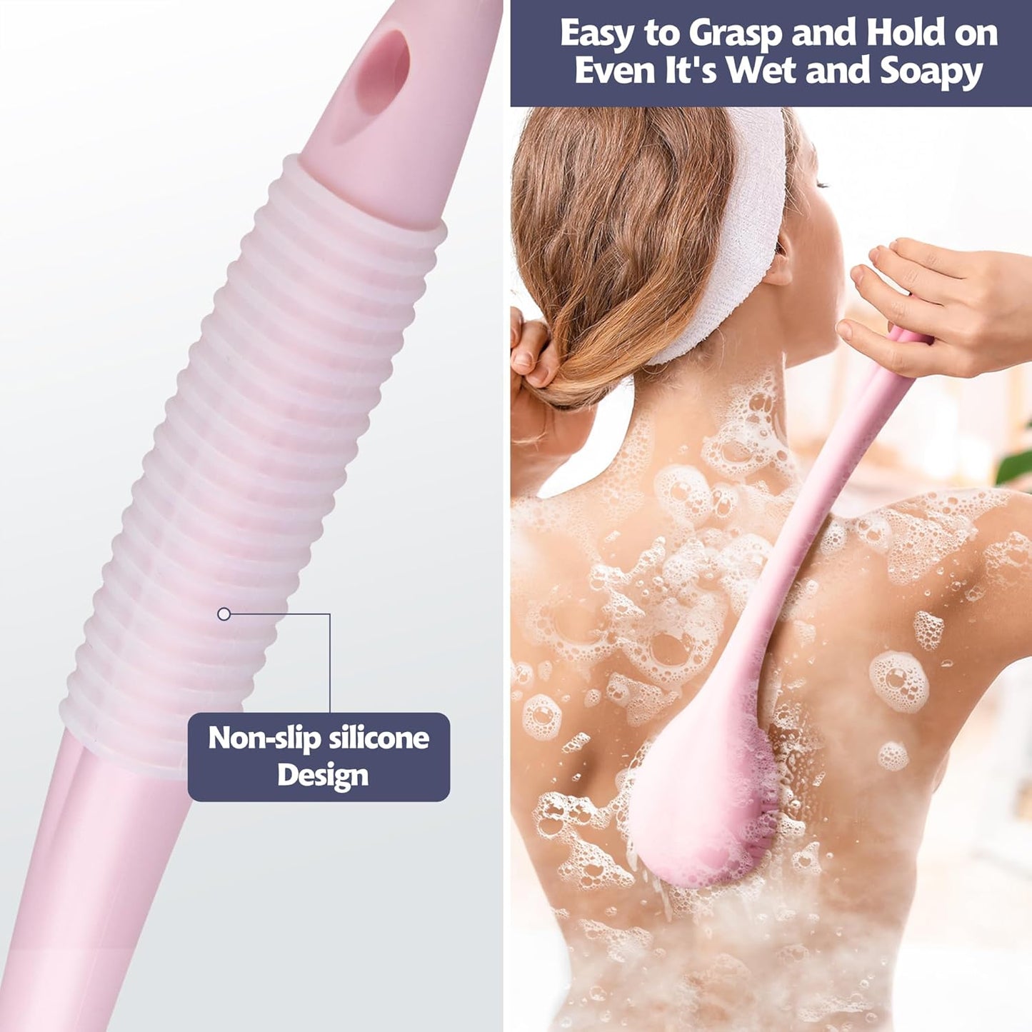 BEDELITE Back Bath Brush Long Handle for Shower of 2 - Soft Shower Brush for Men & Women,Back Brush Scrubber - 16.4" Long Skin Exfoliator for Body Bath Scrubber（2 Pack, Blue & Pink）