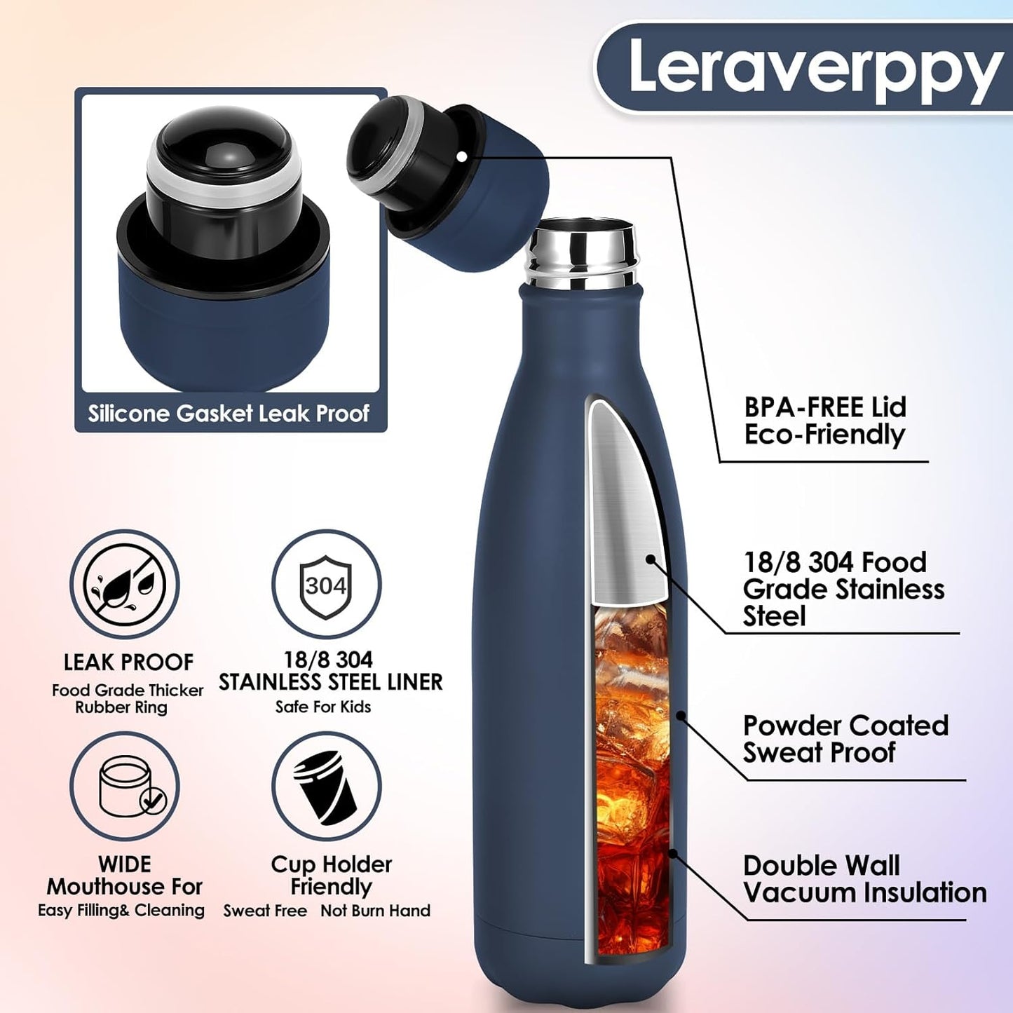 17oz Cola-Bottle Shaped Stainless Steel Leak-proof Water Bottle,Double Wall Vacuum Insulated Metal,Travel Mug For Sports Indoors & Outdoors,BPA-Free School Kids Flasks,Navy(12 Pack)