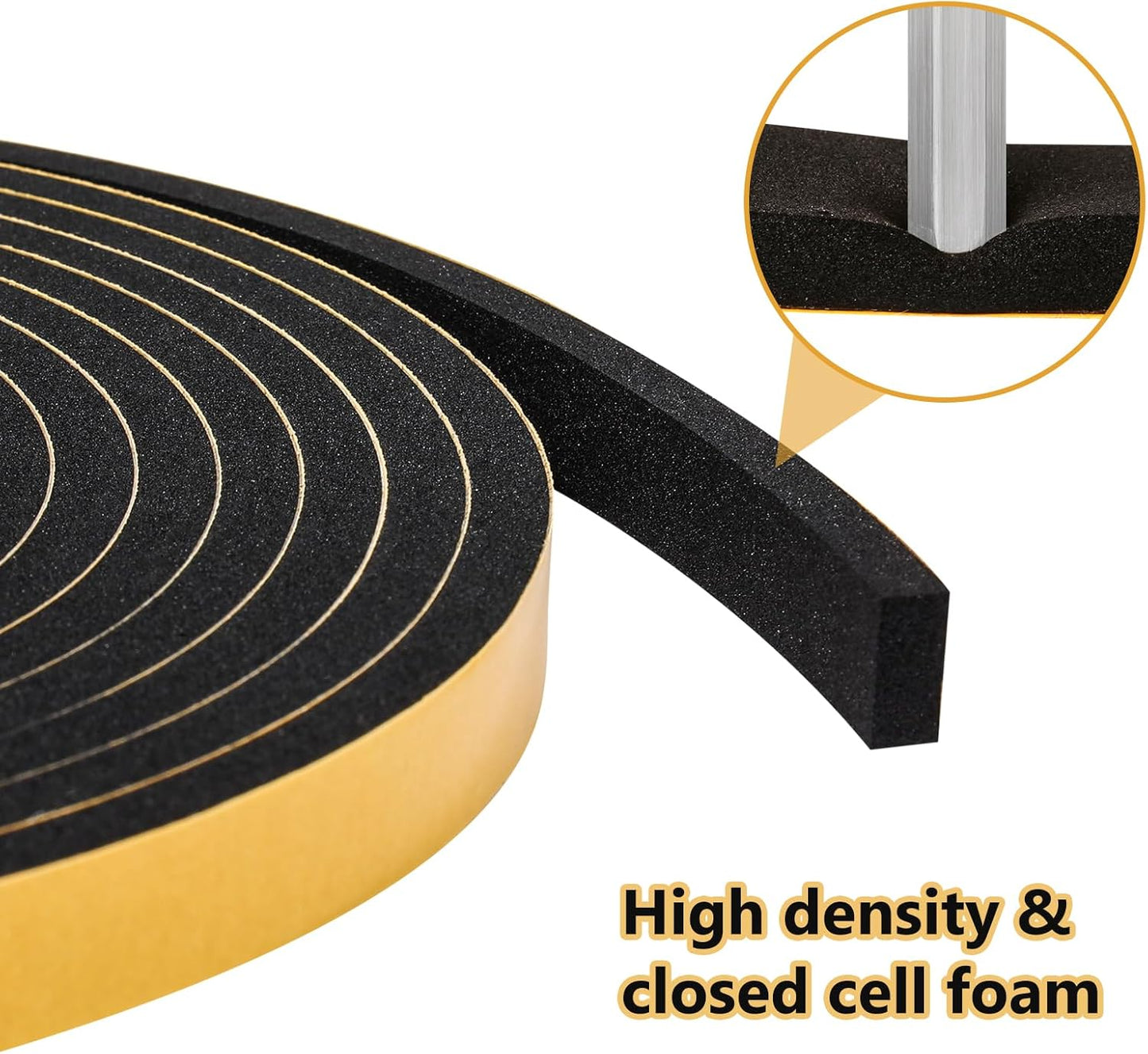 Black Weather Stripping Door Seal Strip (3/5 Inch X 1/2 Inch X 10Feet), Strong Adhesive, Lightproof, Soundproof, Weatherproof Foam Tape Insulation for Sliding Door, Front Door Frame, Windows