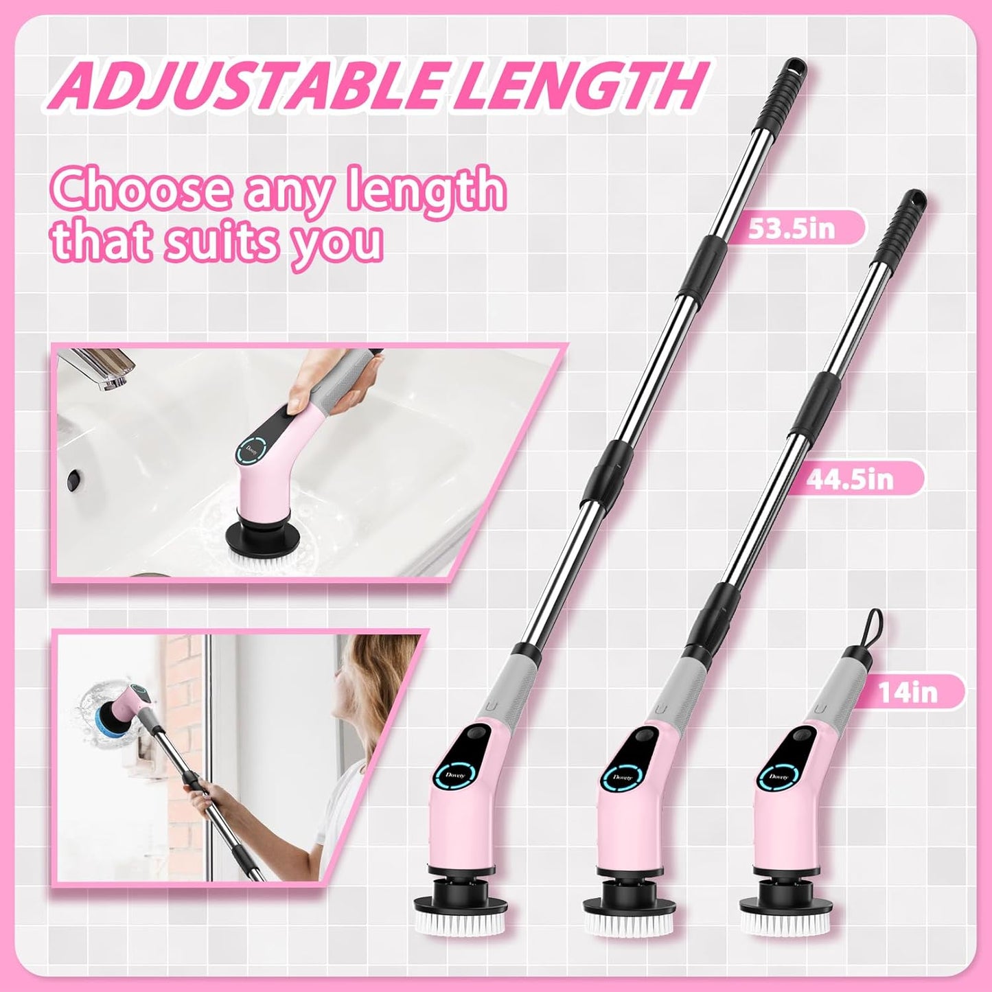 Electric Spin Scrubber, Cordless Cleaning Brush, Shower Scrubber with 8 Replaceable Brush Head, Power Cleaning Brush with Extension Handle, 2 Adjustable Speed, for Bathtub Tile Floor (Pink)
