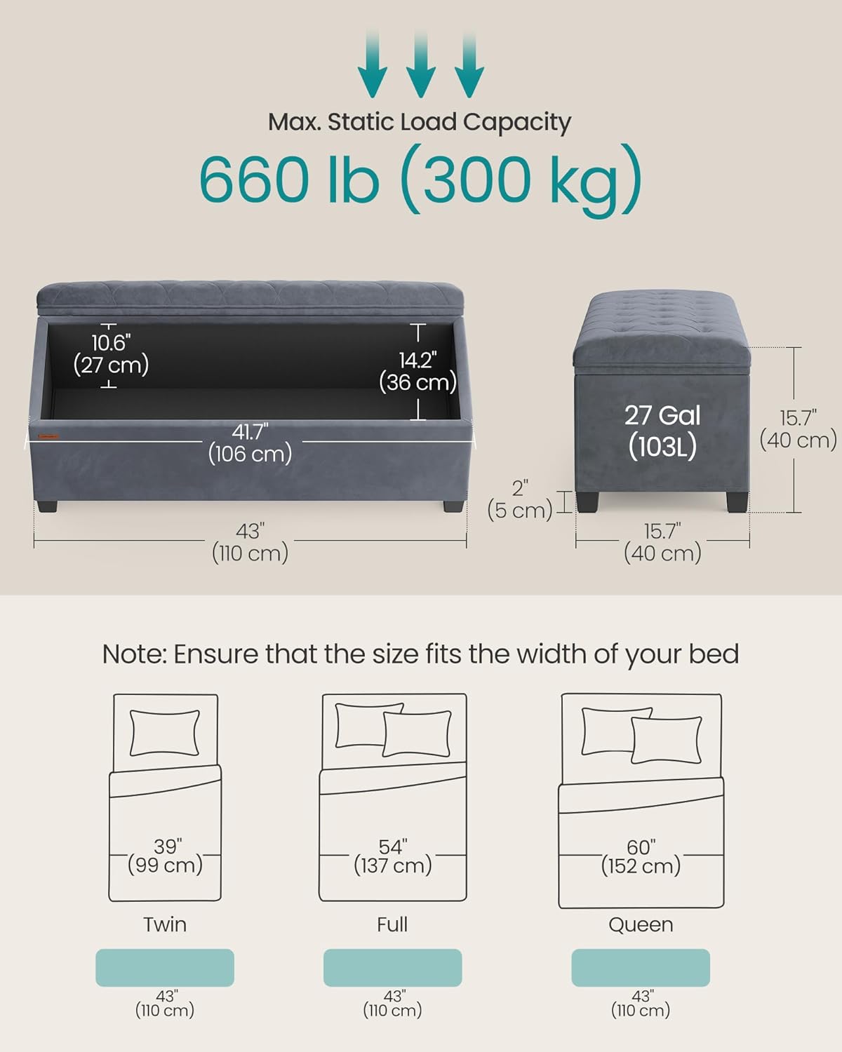 SONGMICS Velvet Storage Ottoman Bench, Foot Rest with Legs, 15.7 x 43 x 15.7 Inches, End of Bed Bench, Storage Chest, Load up to 660 lb, for Living Room, Bedroom, Entryway, Slate Gray ULSF089G01