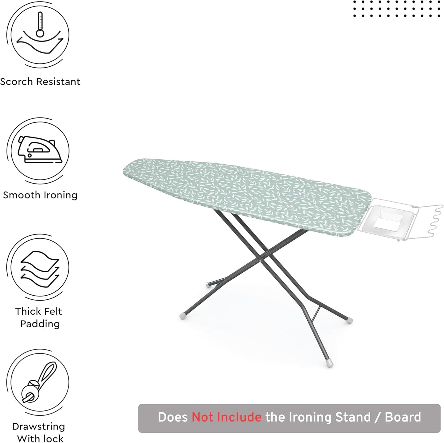 Encasa XO Ironing Board Cover and Pad 49"x18" - Thick 3mm Felt Padding, Drawstring Tightening & Lock, Easy Fit, Scorch & Stain Resistant, Fits Wide Ironing Board - Green Leaflet
