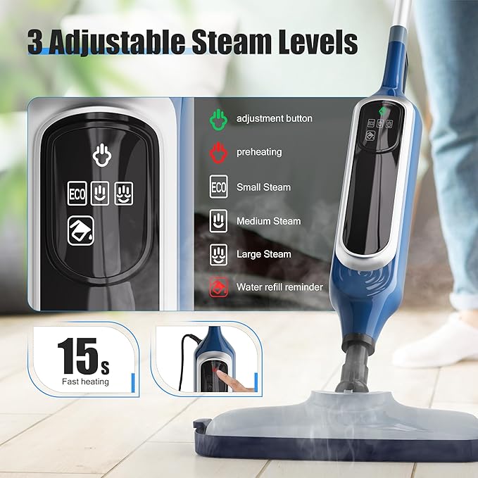 12 in 1 Steam Mop, Detachable Handheld Steam Cleaner for Home, 23FT Cord, for Hardwood Floor Cleaning, Tile, Carpet, Furniture, Clothes, Windows, Blue