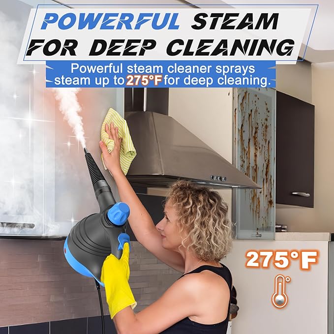 Handheld Steam Cleaner - 275°F High Temperature Fast Heating Multi-Purpose Portable Deep Steam Cleaner for All Surfaces With 9pcs Accessories, 100% Chemical-Free Steamer for Cleaning Home Car Grout