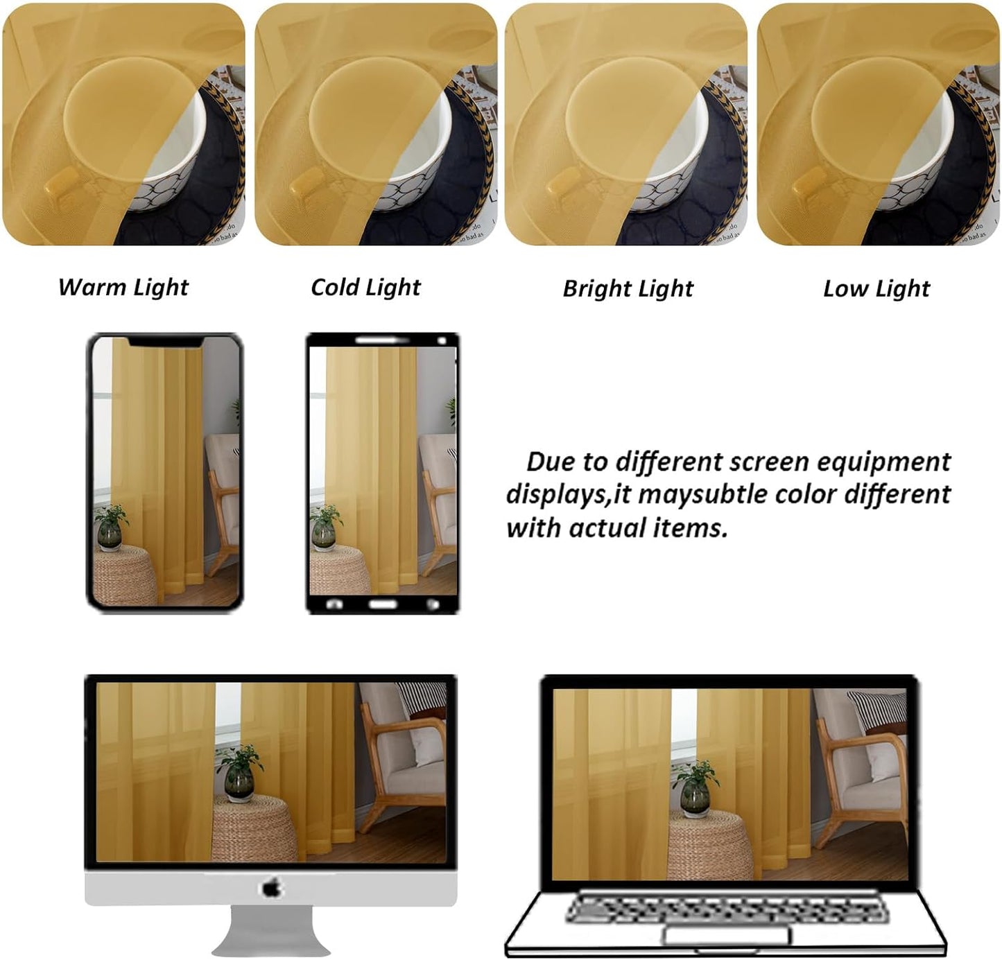 Chyhomenyc Sheer Gold Kitchen Tier Curtains 24 Inch Length Set, Small Window Curtains Treatment for Bathroom/Living Room/Cafe/Basement, Short Voile Curtain Tiers 42in x 24in, Rod Pocket, 2 PCS