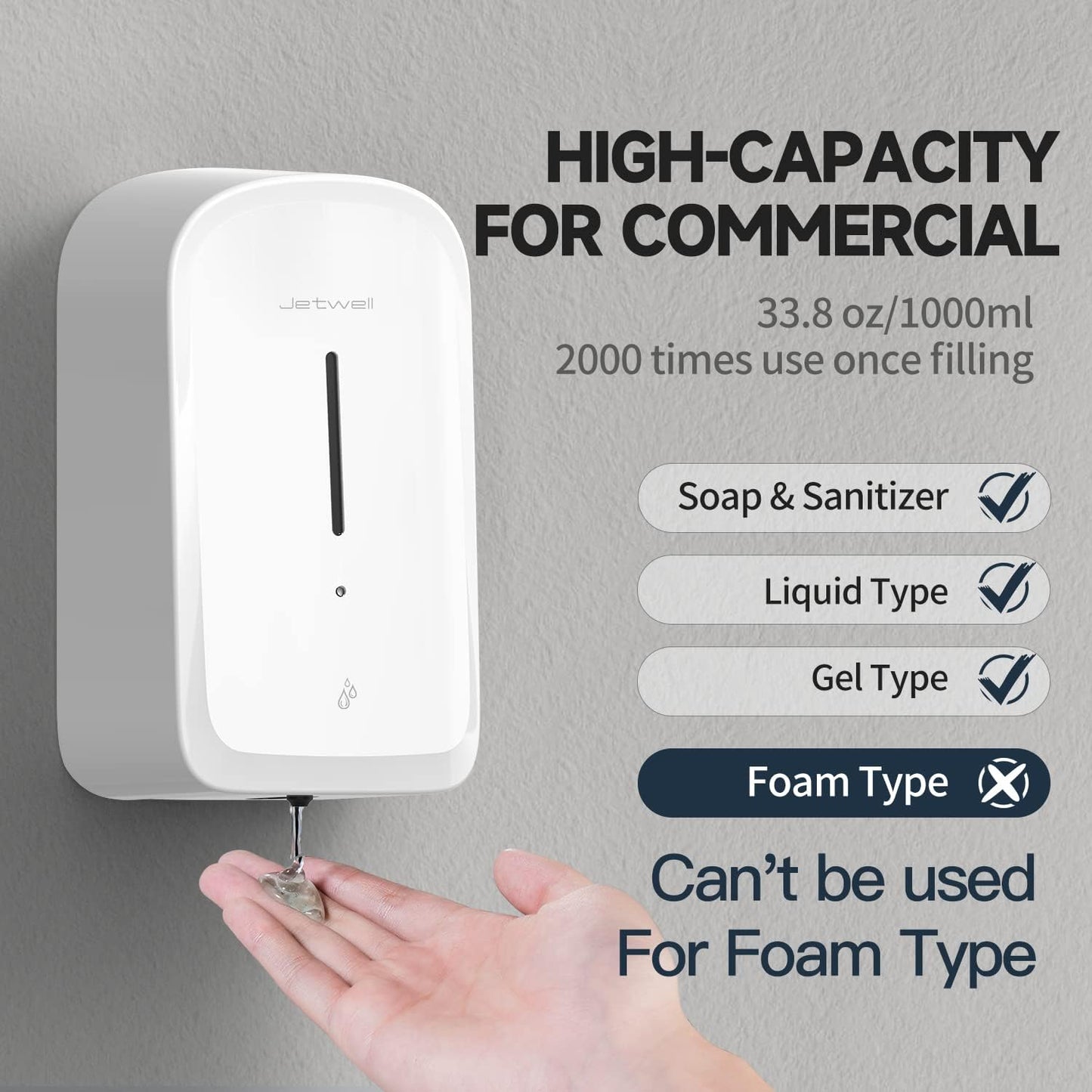 JETWELL Automatic Touch-Less Wall Mount Hand Soap Dispenser Liquid Drop Battery Operated, White Plastic Cover Large Capacity 34OZ/1000ML for Kitchen Home Commercial Bathroom