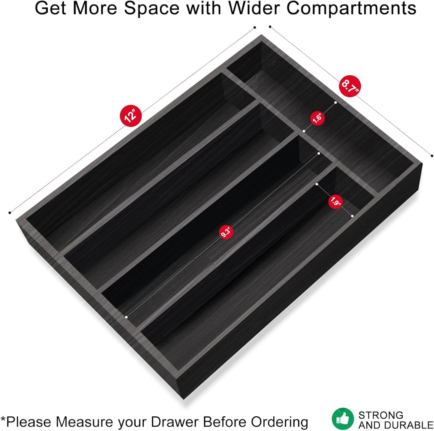 Small Kitchen Utensil Organizer Wooden Cutlery Tray Narrow Wood Silverware Holder Drawer Divider Flatware Organizer Storage Silverware Utensils Tray Black Bamboo Spoon Cutlery Organizer for Drawer