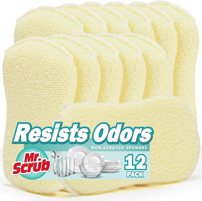 Sponges Kitchen Scrub Dish Sponge Scouring Pad, 12 Pack Cleaning Brush Scrubber Supplies for Soap, Dishwashing Dinnerware Sets Pan Pot Glass Dishwasher Sink Bathroom Towels Cloth Rags Holder