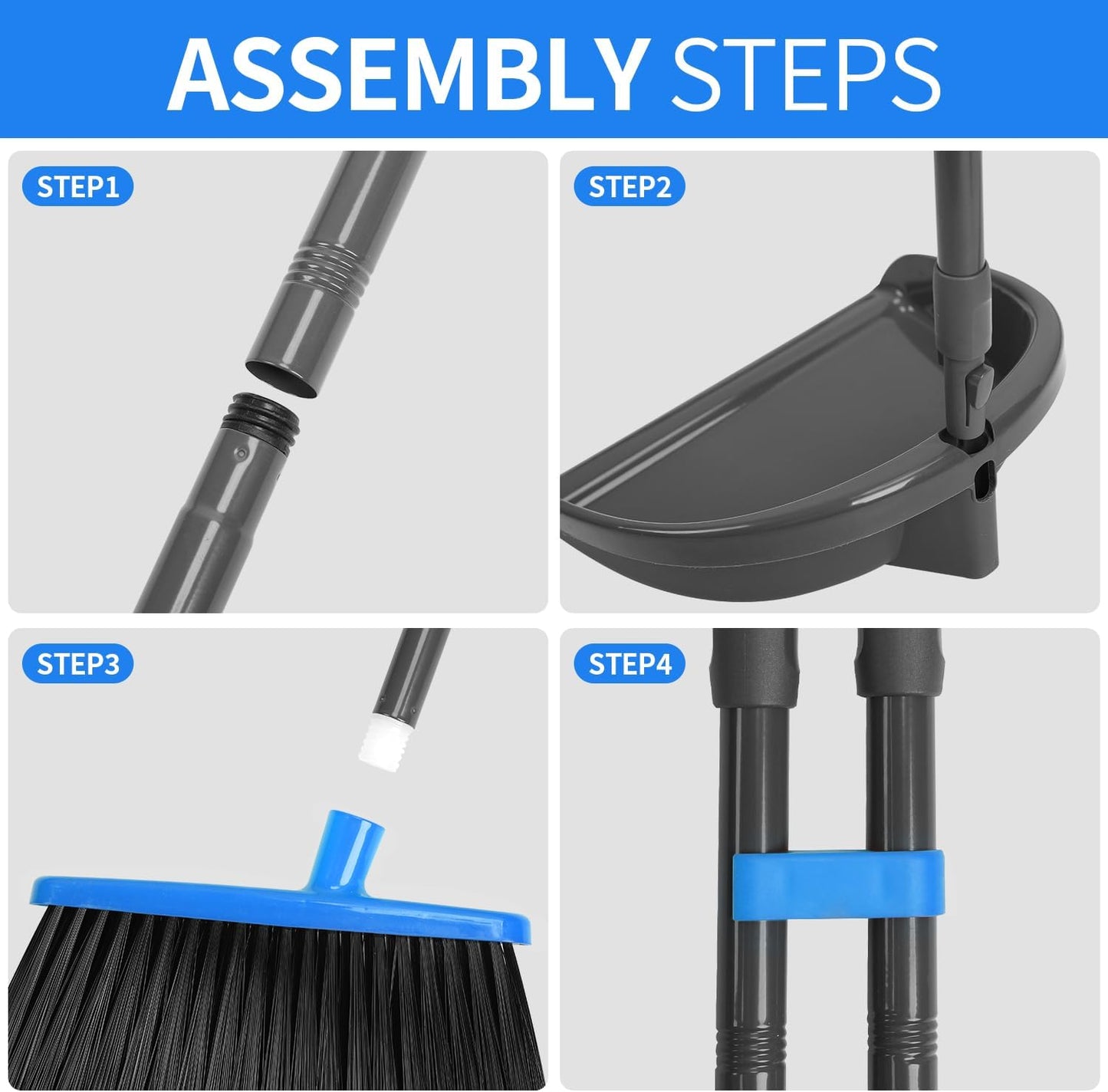 Broom and Dustpan Set ，Long Handle Broom with Upright Standing Dust pan for Indoor Outdoor Home Kitchen Office Floor Cleaning