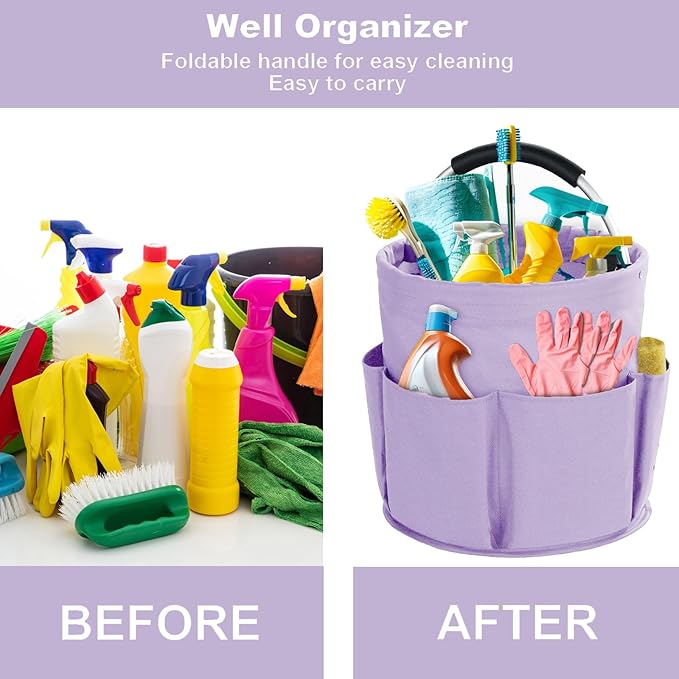 Cleaning Caddy with Handle, Cleaning Products Organiser, 17L Foldable Storage Basket, Cleaning Caddy Organiser, Portable Multi Cleaning Bucket Bag for Home, Garden (Purple)