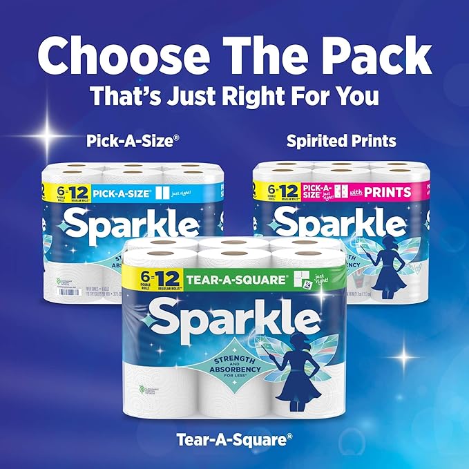 Sparkle Tear-A-Square Paper Towels, 3 Triple Rolls = 9 Regular Rolls, Strong 2-Ply Towels for Kitchen Cleanup and Everyday Messes