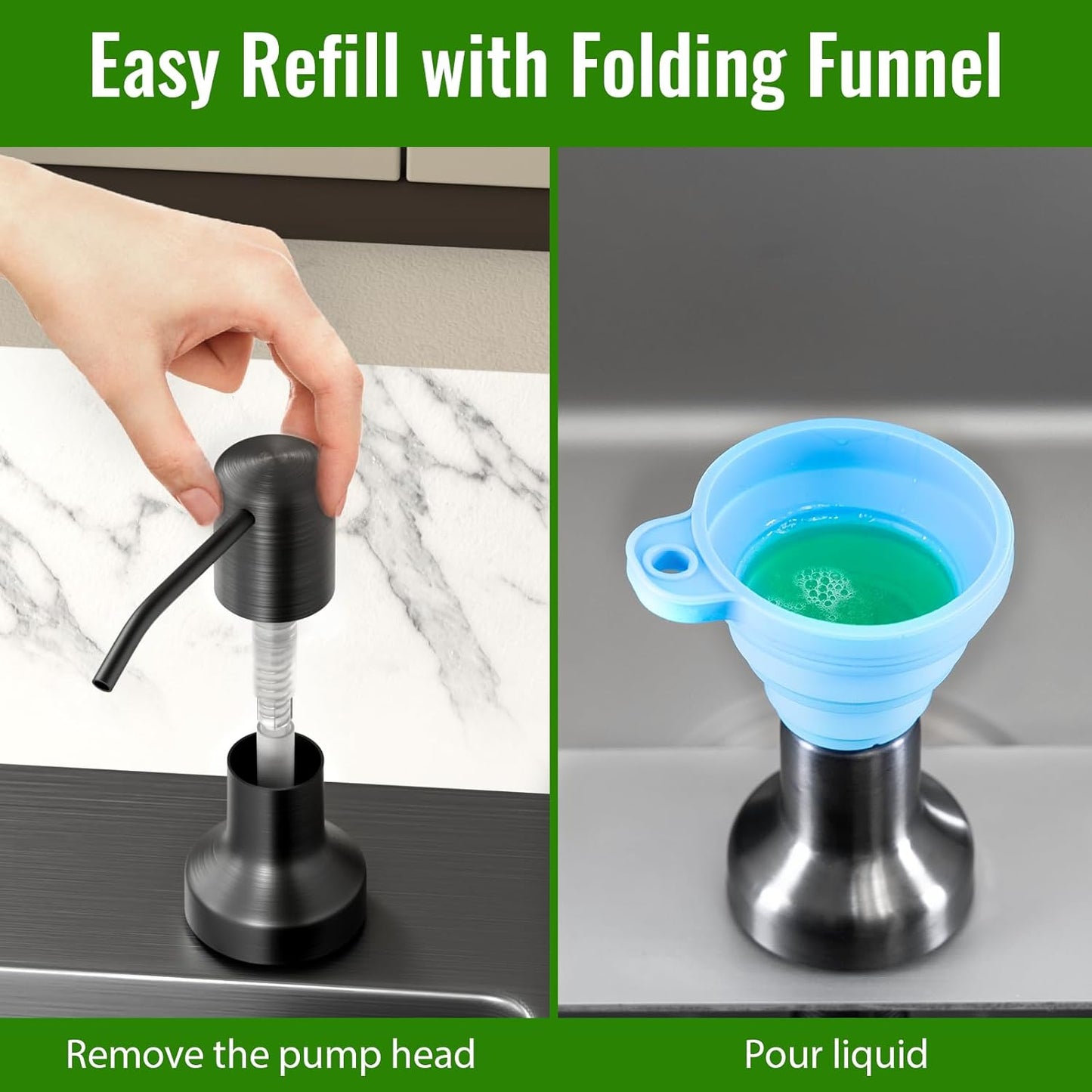 Soap Dispenser for Kitchen Sink, Kitchen Sink Soap Dispenser with 17 OZ Bottle, Refill from The Top Bar, Longer Threaded Shaft Shank, Wide Pump Head Base (Gray)