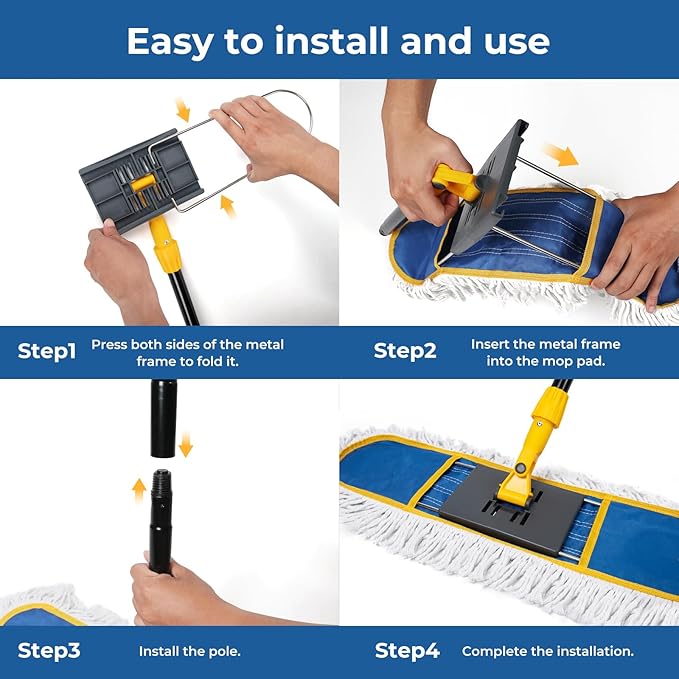 24" Dust Mop for Floor Cleaning, Large Areas Dry & Wet Mop with 2 Washable Cotton Pads, Efficiently Picks Up Pet Hair & Dust for Hardwood, Tile, Laminate, Patio