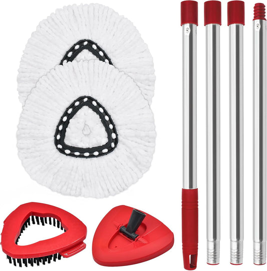 Spin Mop Handle Replacement for Ocedar, Mop Heads Replacements Compatible with O-Cedar EasyWring 1-Tank System, Include 4-Section Handle, 2 Replace Heads,1 Scrub Brush, 1 Base for O Cedar Spin Mops