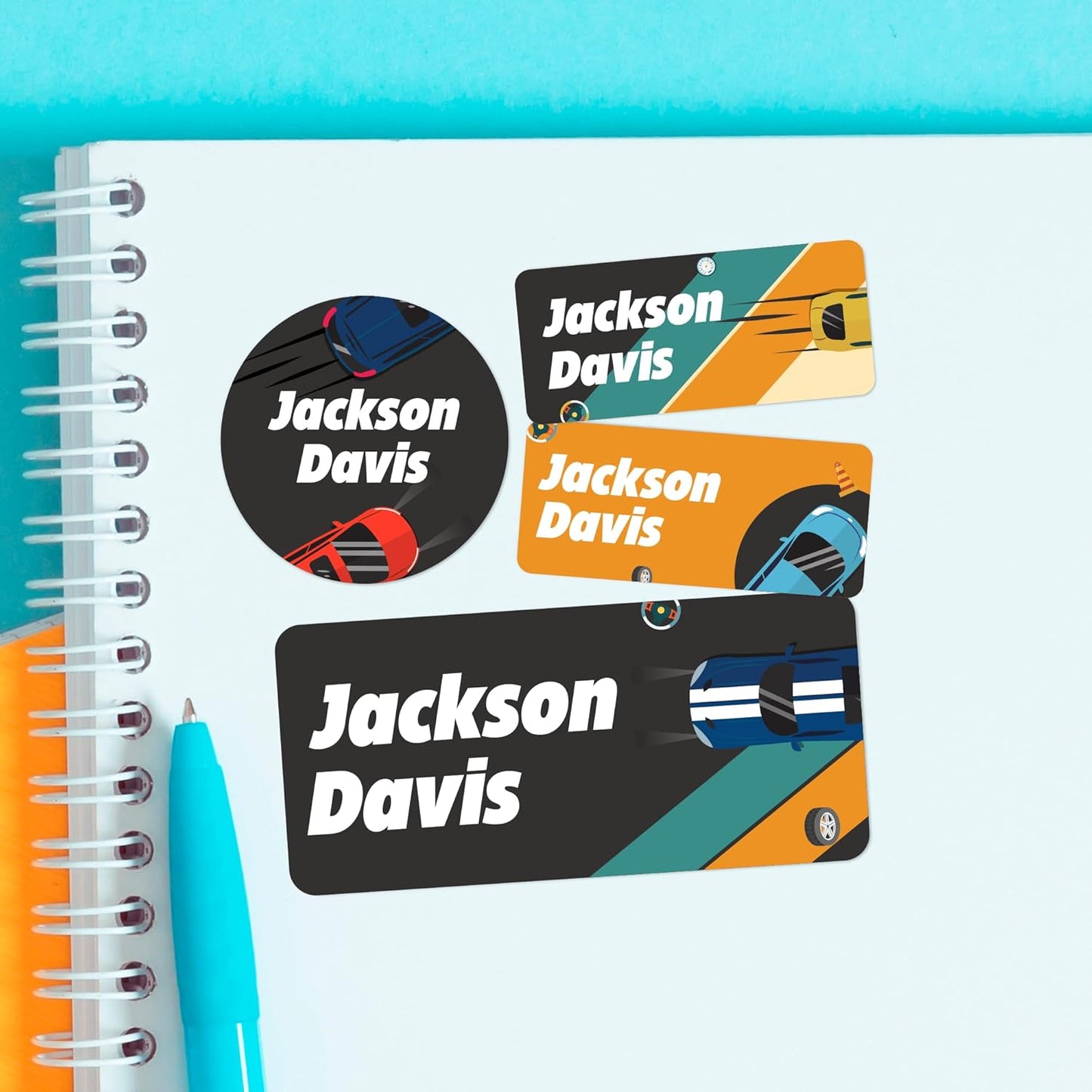 Personalized Name Tag Stickers for Kids (130+ Pack) | Car Waterproof Labels for School Supplies, Bottles & Lunch Boxes | Custom Vinyl Name Labels for Clothing, Toys & More (E. Cars)