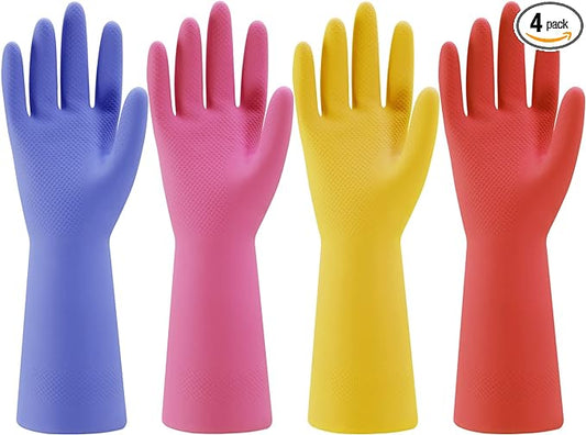 Bamllum Rubber Kitchen Dishwashing Gloves - 4 Pairs Colorful Reusable Household Cleaning Gloves for Washing Dishes and Cleaning Tasks, Flexible Long-lasting and Non-Slip (Small, Blue+Pink+Yellow+Red)