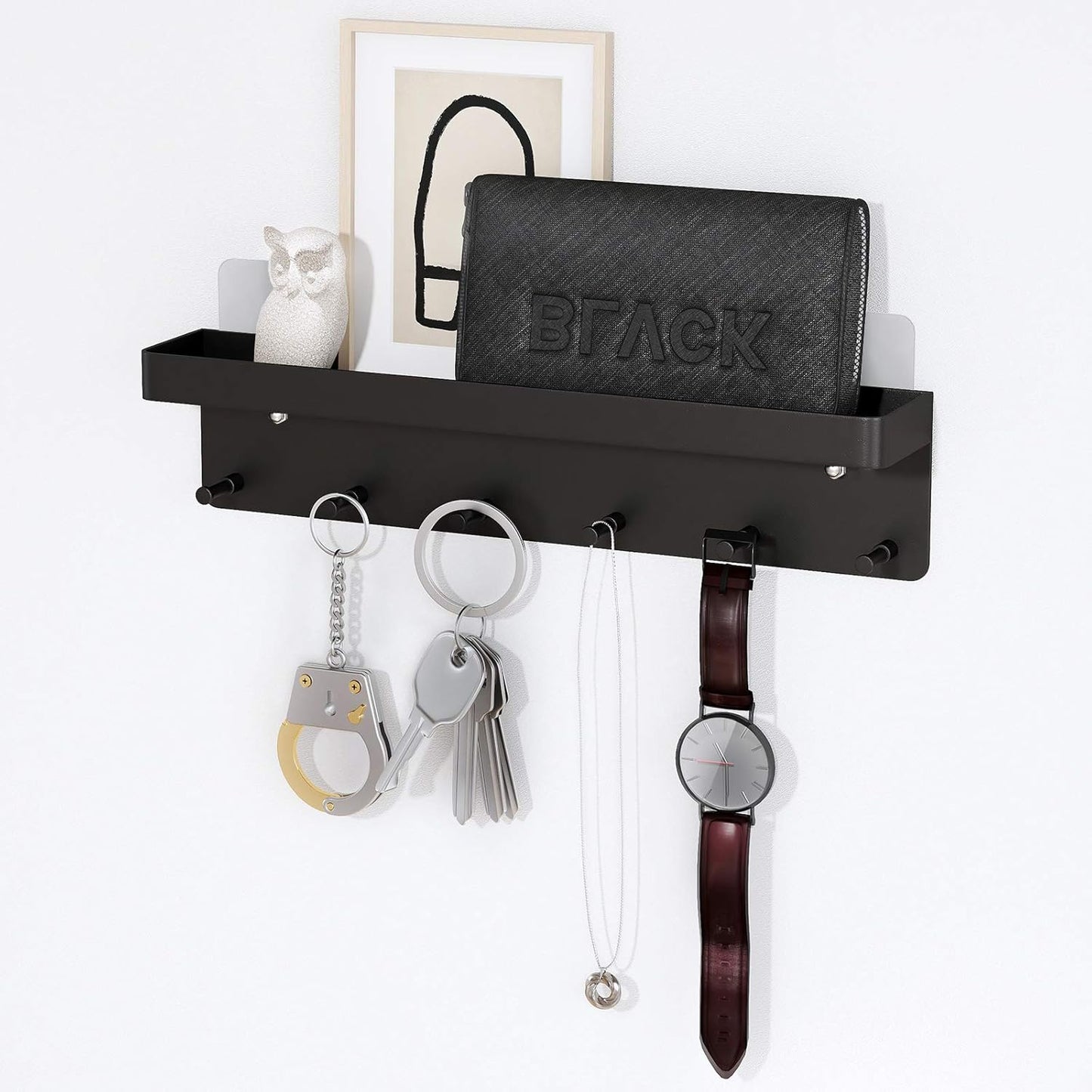 MKO Key Holder Wall Mount, Key Holder Wall Mount Adhesive with Mail Organizer Tray with 6 Key Hooks for Wall, Black