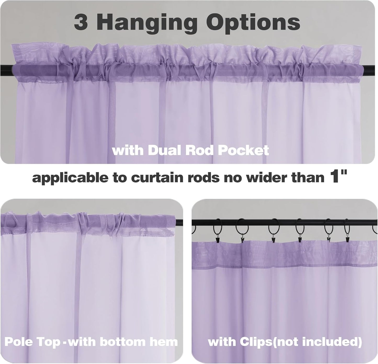 Chyhomenyc Lilac Sheer Curtains 45 Inch Long 2 Panels, Light Filtering Rod Pocket Voile Short Curtains Drapes for Living Room Bedroom Small Windows, 42Wx45L Inches