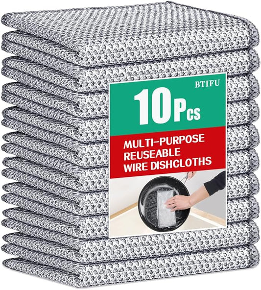10Pcs Multipurpose Wire Dishwashing Rag, Reusable Non-Scratch Wire Dishcloth, Metal Dish Cloth Wet and Dry for Kitchen Cleaning, Sinks, Dishes, Stove Top, Dimensions(7.87X7.87)