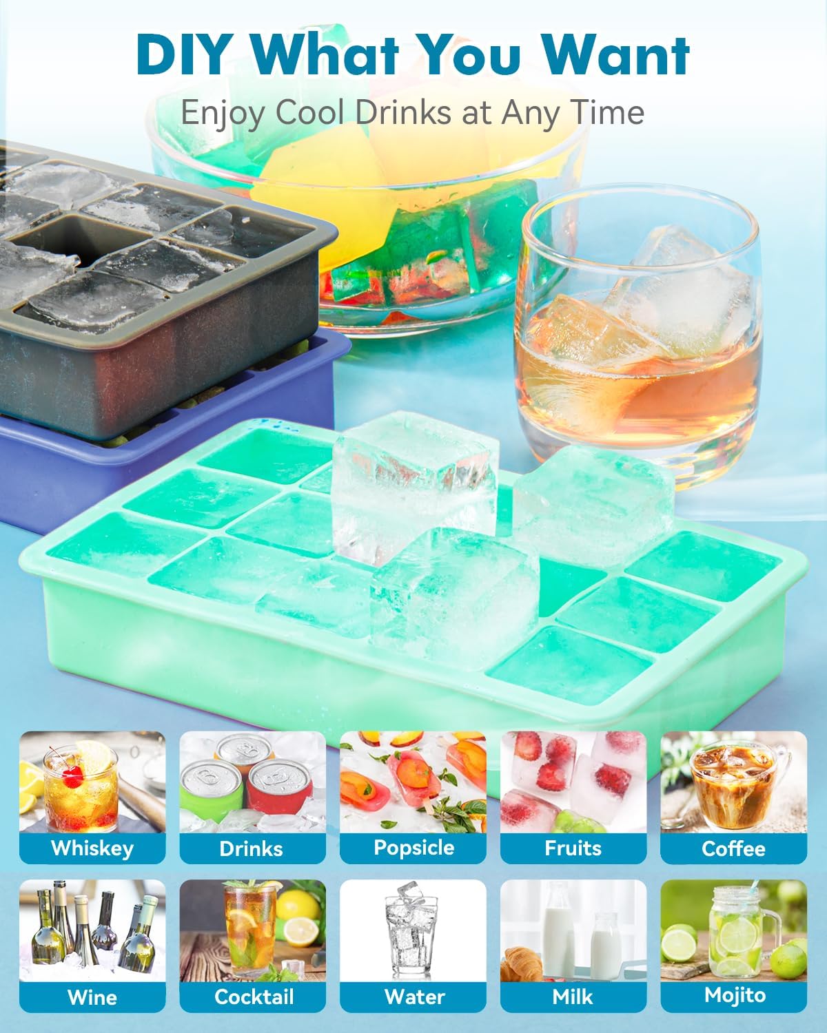 2 Pack Silicone Ice Cube Trays for Cocktail, Easy Release Square Ice Cubes Mold for Freezer, Best Rubber Ice Cube Tray for Whiskey, Coffee, Easy Release Mini Fridge Old Fashioned Silicone Ice Tray
