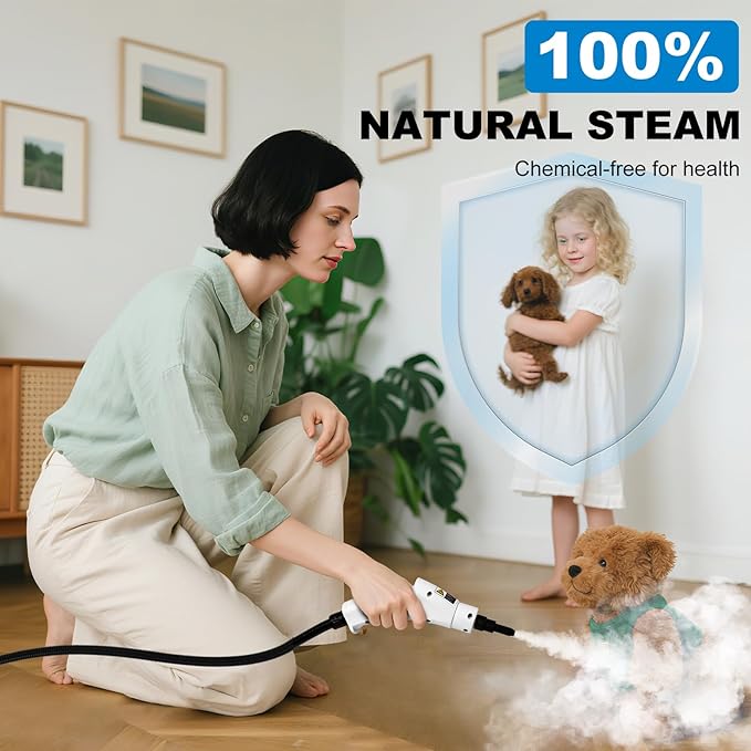 1L Handheld Steam Cleaner for Home and Kitchen Cleaning, 2500W 15s Fast-Heating & 3 Speeds, Portable Steam Cleaner Multi-Surface Deep Cleaning Supplies for Surface, Corner, Crevice (110V, White)