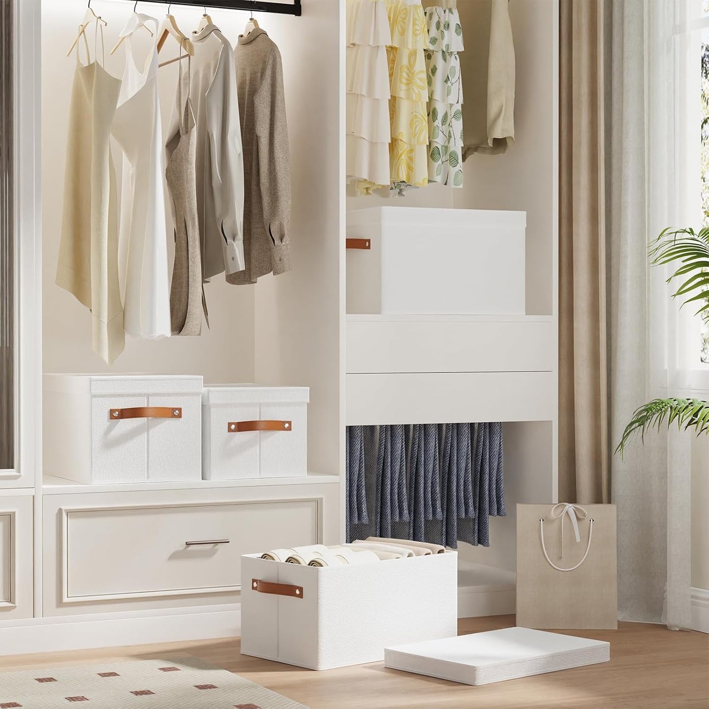 Fabric Storage Bins, Clothes Boxes for Shelves with Lids, 1 Pack Baskets for Organizing with Handles, Decorative Linen Closet Organizers, White, 16.5 x 11.8 x 10.2 Inch