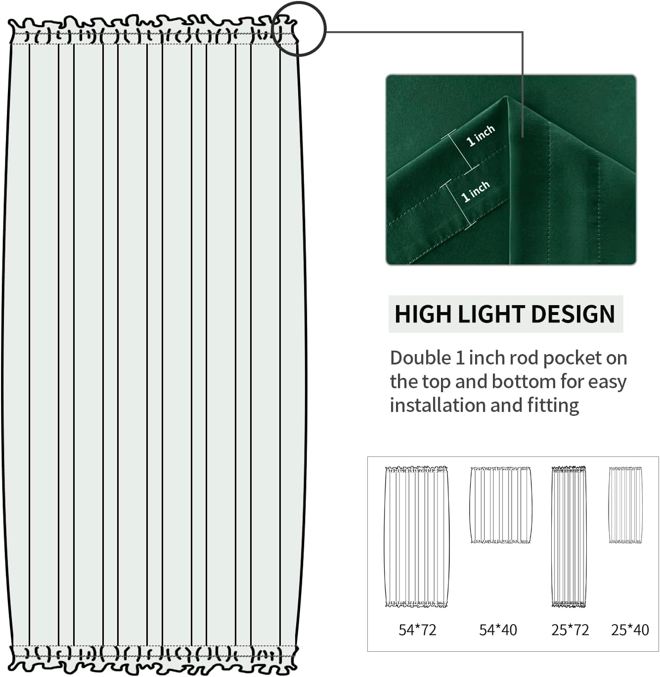 DWCN French Door Curtains – Rod Pocket Thermal Blackout Curtain for Window/Patio Doors/Doorways/Classroom/Kitchen for Privacy, 25W by 40L Inches, 1 Panel with Tieback, Hunter Green