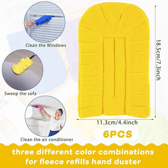 Zubebe 6 Pcs Duster Refill Reusable Fleece Duster Refills Feather Flat Dusters Multi Surface Washable Cleaning Pads Tools for Home, Blinds, Car, Pet, Furniture, Fans (Blue,Yellow,Purple)