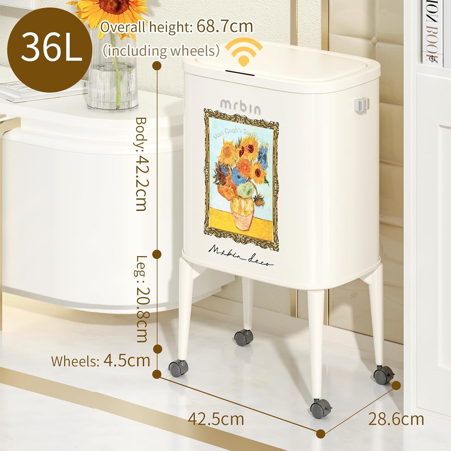 MRBIN Metal Motion Sensor Kitchen Trash Can with Wheel Legs, 36L / 9.5gal Medium Press Lid Slim Waste Basket, Pet Proof Tall Narrow Garbage Pail for Vanity, Bedroom, Bathroom, Living Room, Sunflower