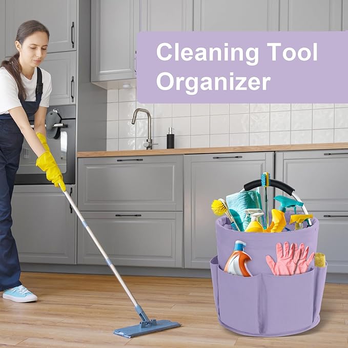 Cleaning Caddy with Handle, Cleaning Products Organiser, 17L Foldable Storage Basket, Cleaning Caddy Organiser, Portable Multi Cleaning Bucket Bag for Home, Garden (Purple)