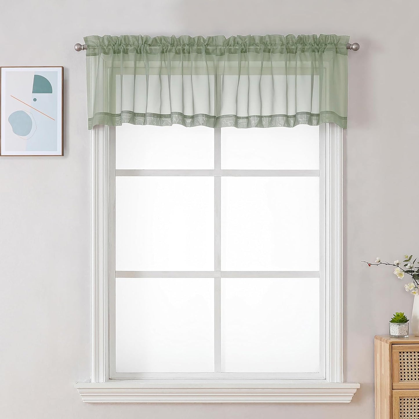Chyhomenyc Sheer Sage Green Valances for Windows 2 Pack, Small Window Curtains for Living Room Bathroom Cafe Laundry Basement, Modern Top Dual Rod Pocket Voile Curtain, 42W x 18L inches, Sage Green