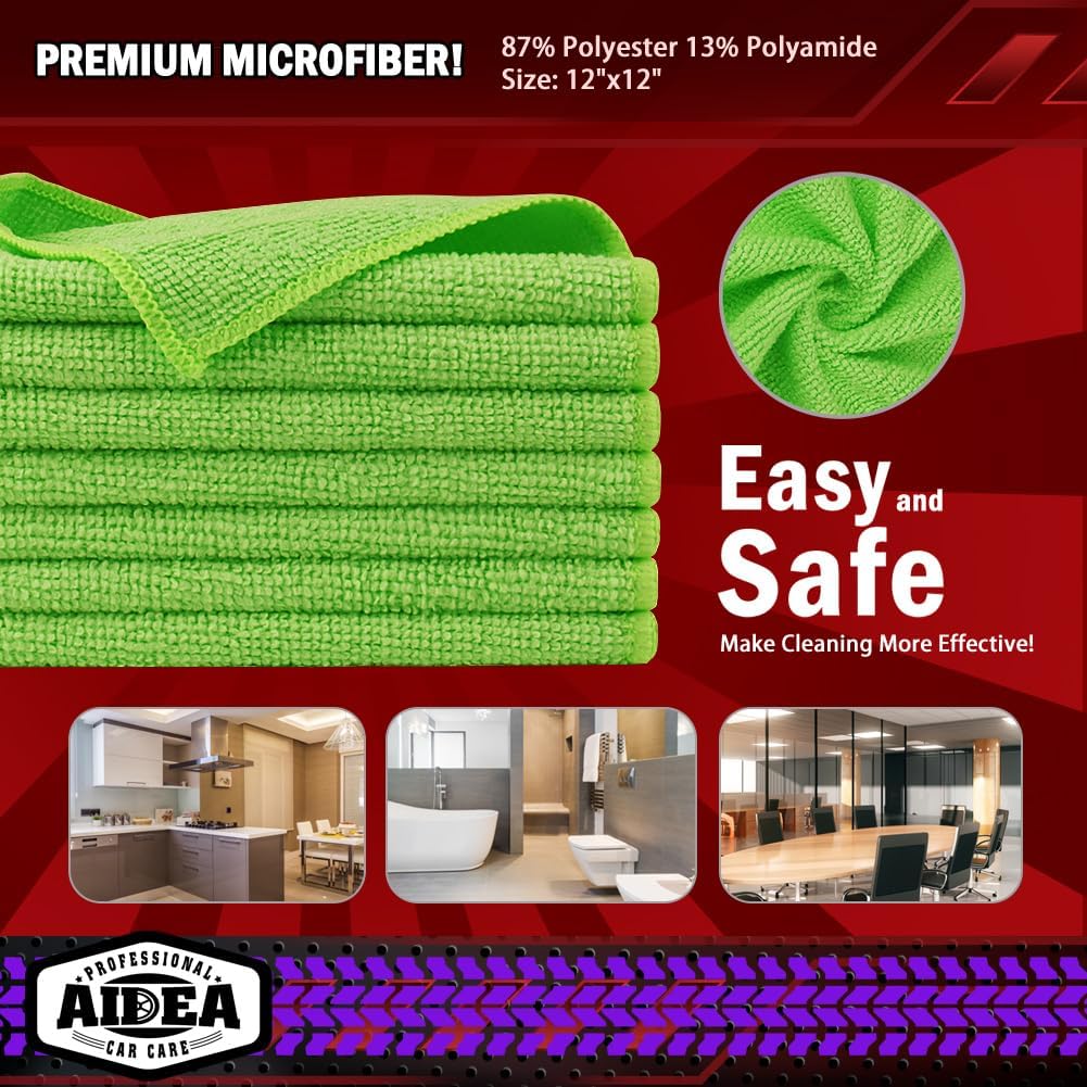 AIDEA Microfiber Cleaning Cloth, 10PK, Microfiber Towels for Cars, Premium All Purpose Car Cloths, Dusting Cloth Cleaning Rags, Absorbent Towels for SUVs, House, Kitchen, Window, 12"×12", Green