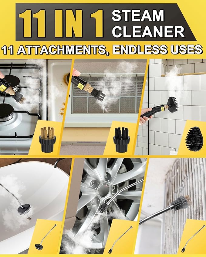 Heavy Duty Steam Cleaner for Home, Fast Heating & 1.2L Tank, 6-Level Adjustable Pressurized Portable Steamer for Cleaning with 11 Accessories for Grout, Tile, Floor, Car and More(Yellow)