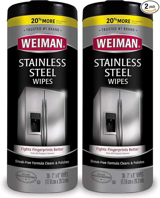 Weiman Stainless Steel Cleaning Wipes [2 Pack] Removes Fingerprints, Residue, Water Marks and Grease From Appliances - Works Great on Refrigerators, Dishwashers, Ovens, Grills and More