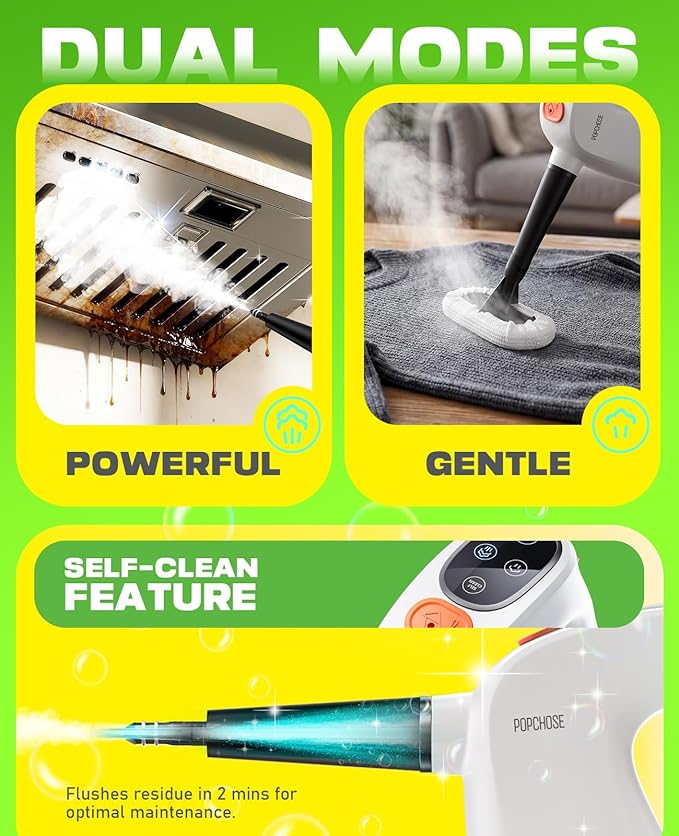 POPCHOSE Steam Cleaner with Detergent Dispenser, 15s Heat-Up Handheld Steam Cleaner for Home, 500ml Removable Water Tank, Lightweight Portable Steamer for Cleaning Grout, Windows, Kitchen, Easy Refill