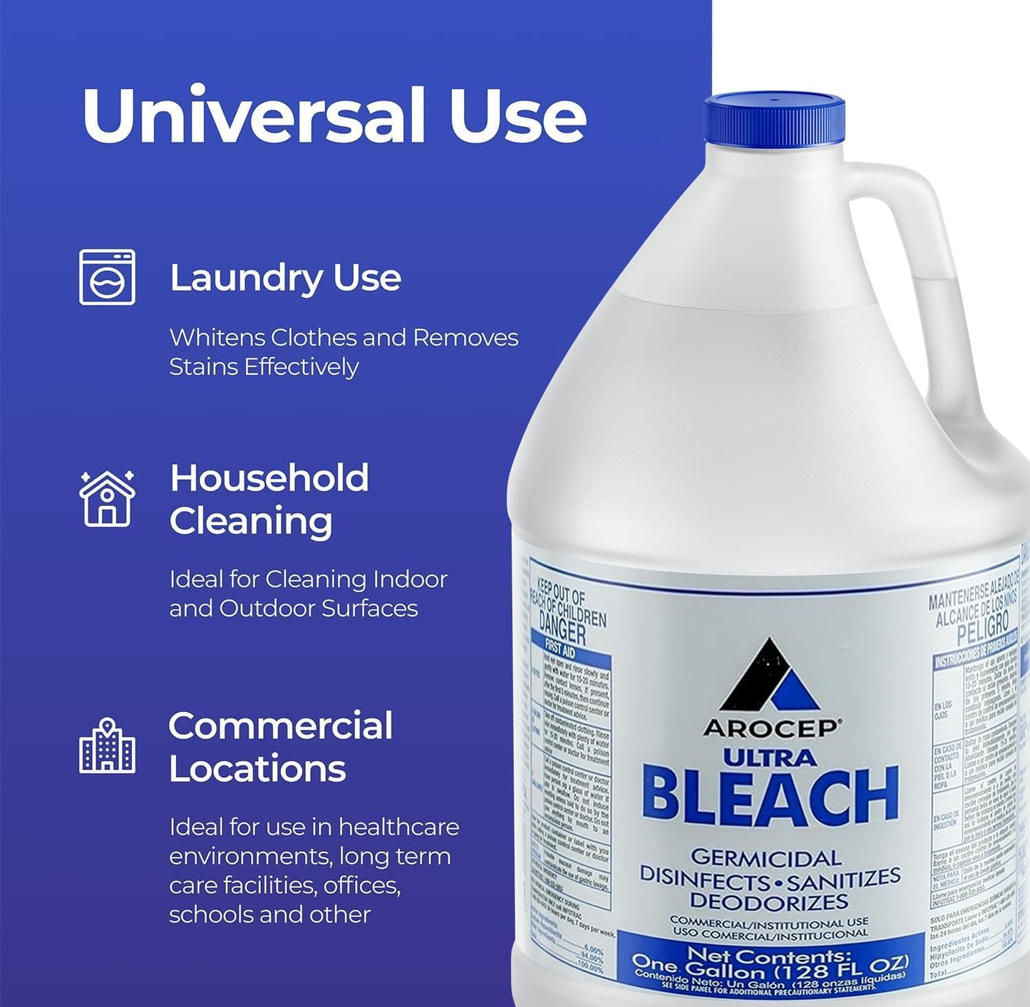 (6 Gallons) Ultra Germicidal Liquid Bleach - For Laundry, Disinfecting, Sanitizing, Deodorizing, Mold & Mildew Stain Remover - 1 Gallon Jugs
