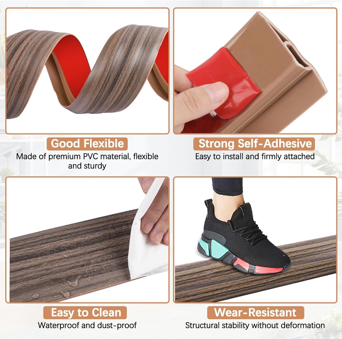 Vinyl Door Threshold Flooring Transition Strip Self Adhesive Carpet Edging Strip for Laminate Doorway Edge Threshold from 3/5" to 4/5" (Grayish Brown Wood Grain, 6.6 Ft)