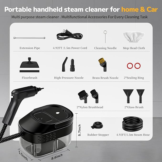 Pressurized Steam Cleaner, 54oz Large Tank, Portable Steamer for Cleaning with 15-Piece Kit, 15s Fast Heat-Up, 3-Level Control, Handheld Steam Cleaner for Home, Car, Kitchen, Tile, Grout(black)