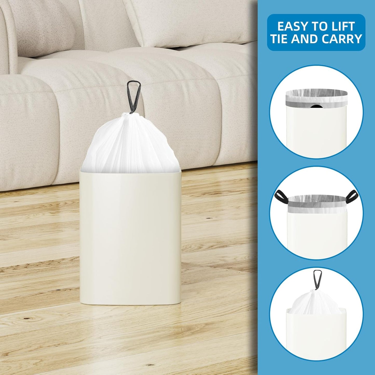 120 Counts 1.6 Gallon Mini Drawstring Trash Bags, Small Garbage Bags by KSSKSS, Code a fit 4.5-8 Liter, 1.2-2 Gal, White Trash Bin Liners for Home Office Kitchen Bathroom Bedroom