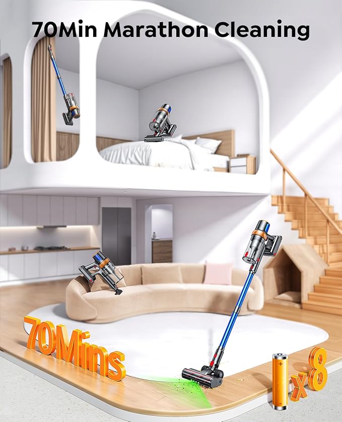 Cordless Vacuum Cleaner, 650W 55KPA 70Mins Vacuum Cleaners for Home, Upgraded Stick Vacuum with Extra Mattress Cleaning Tool, Self-Standing, Anti-Tangled Vacuum Cordless for Pet Hair/Floors/Carpets
