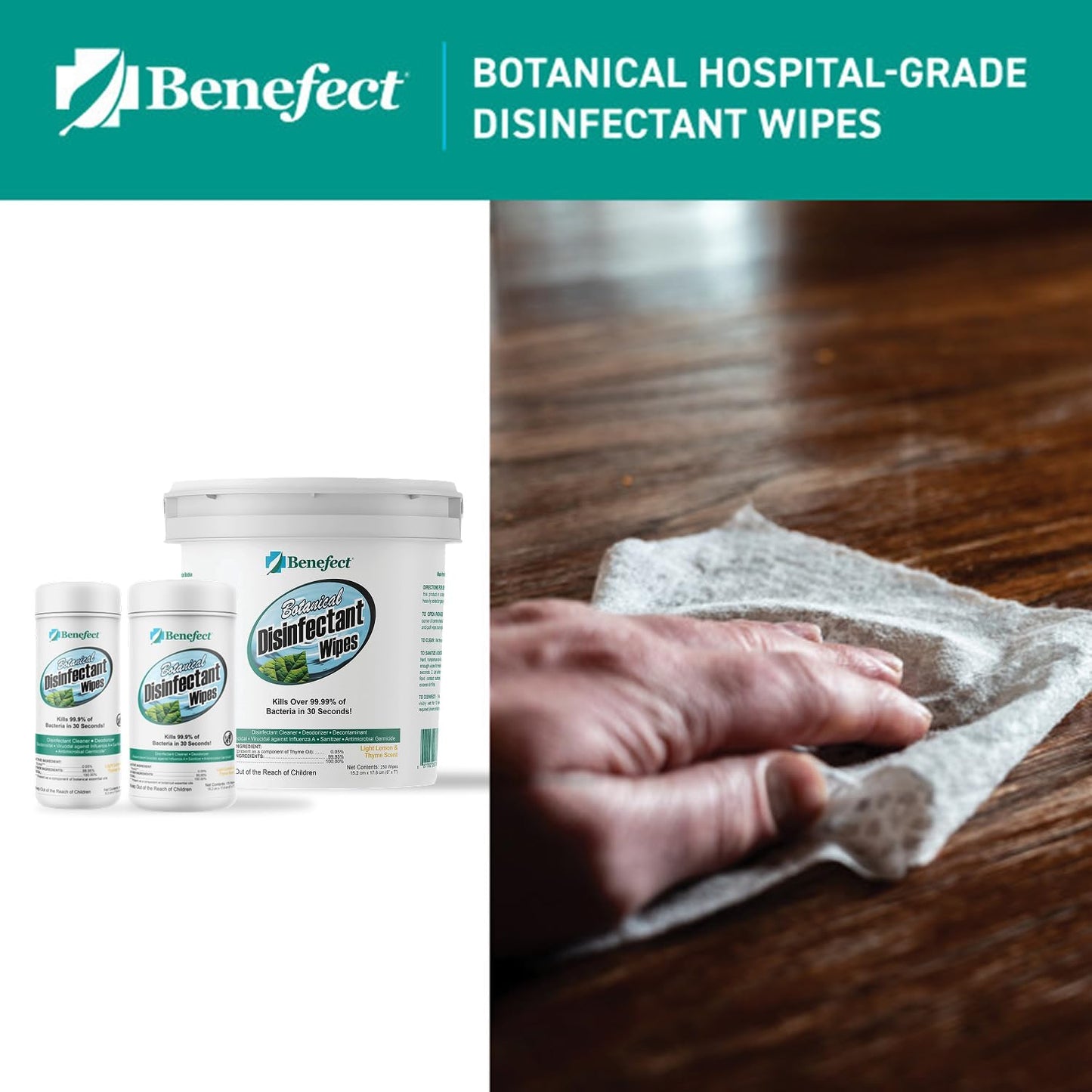 Benefect Botanical Disinfecting Wipes - (250 Wipe Count) Natural, No Residue - Antibacterial Disinfectant, Multi-Surface Cleaning and Sanitizing Wipes