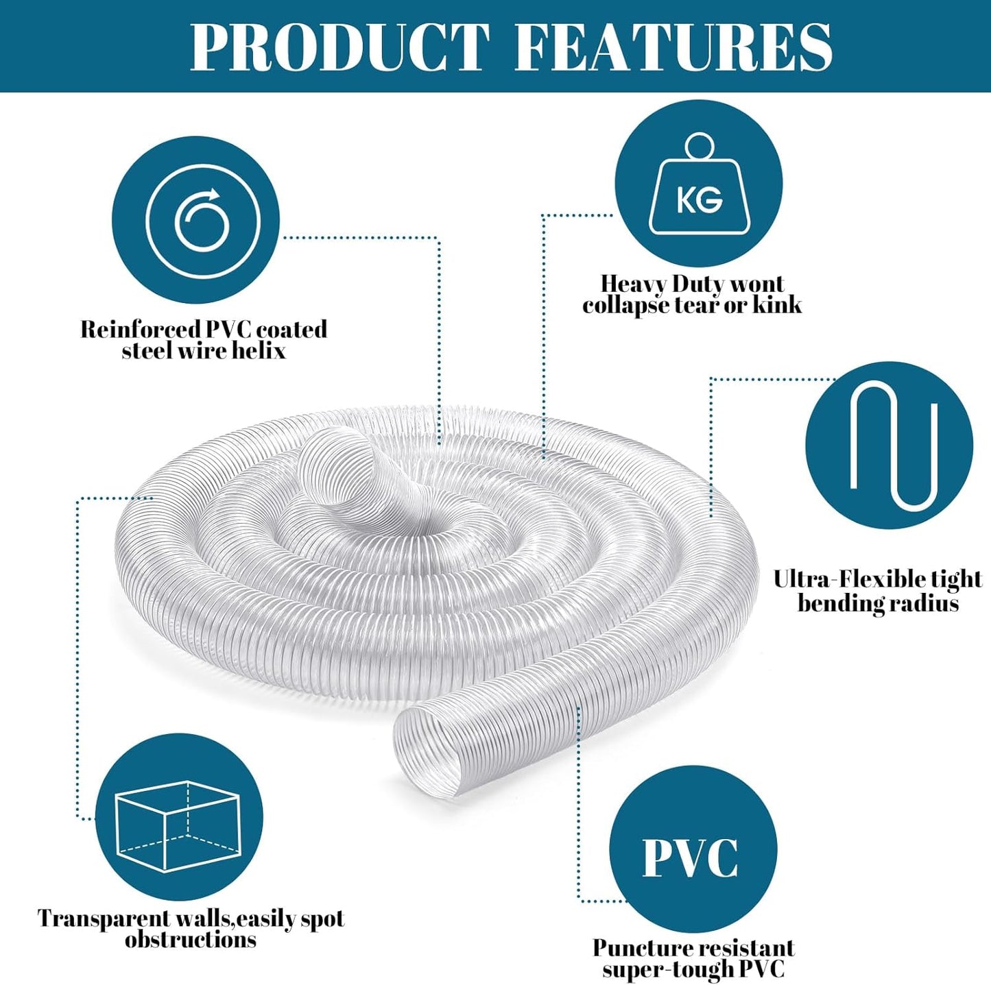 4 Inches 30 ft PVC Dust Collection Hose with Stainless Steel Clamps Set Flexible Clear Vacuum Puncture Resistant Fume Hose for Vacuums Cleaner Fume Dust Collection System