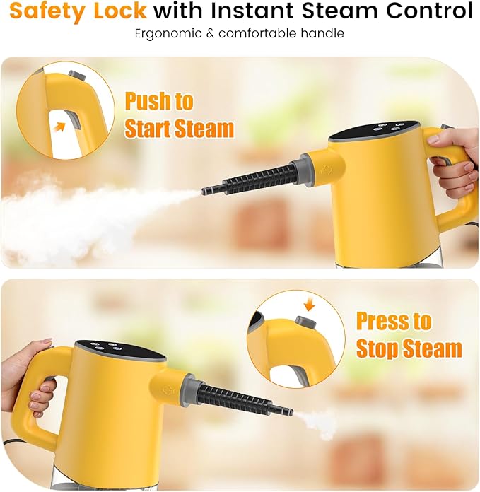 Steam Cleaner, Adjustable Handheld Steam Cleaner for Home, 10s Fast Heat-Up & 450mL Tank, Multi-Surface Portable Steamer for Cleaning Floor/Grout/Car/Kitchen & Bathroom Yellow