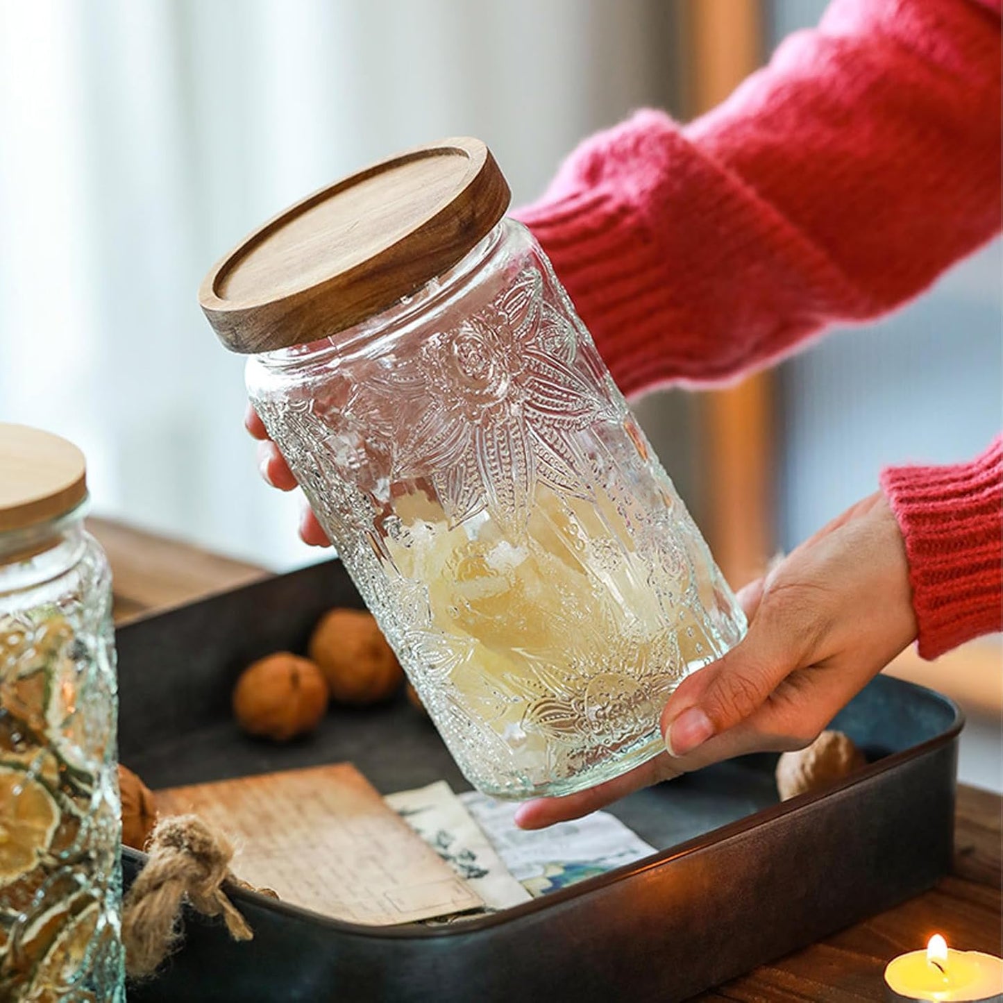 34 OZ/2 PCS Glass Storage Jar with Airtight Bamboo Wooden Lids, Vintage Food Containers Canisters Sets for Kitchen Counter Pantry, Sugar, Flour, Candy, Tea, Coffee Beans, Oats, Grain Bin, Pasta,
