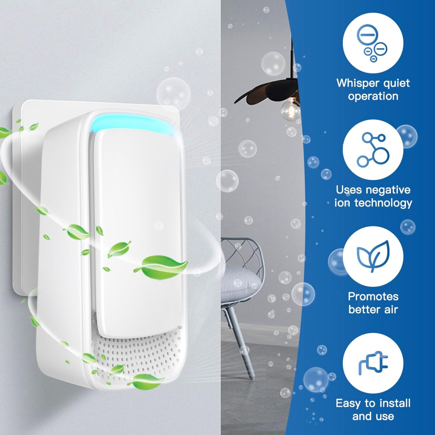 Plug In Air Ionizers - Negative Ion Technology Air Purifier - Quiet Operation Air Freshener for Home, Bedroom, Office, Garage Room - Portable Air Purifiers Odor,Pets Smell - Air Cleaner White (4 Pack）