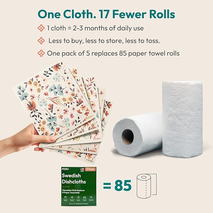 FEBU Swedish Dishcloths for Kitchen | 5 Pack Faded Summer Reusable Paper Towels Washable | Swedish Dish Towels | Non-Scratch Cellulose Sponge Cloths | No Odor, Biodegradable Cleaning Cloths