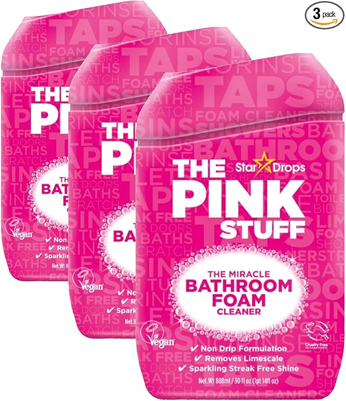 Stardrops - The Pink Stuff Miracle Bathroom Foam Cleaner,30 fl oz – Now 20% More! Powerful Foaming Action for Showers,Sinks,Tubs & Tiles – Removes Soap Scum,Limescale & Grime with Ease,(Pack of 3)