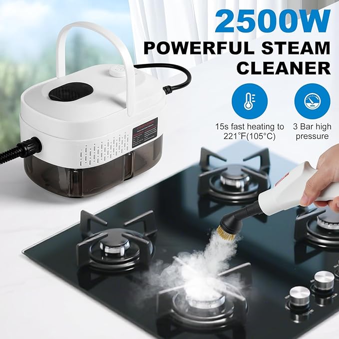 1L Handheld Steam Cleaner for Home and Kitchen Cleaning, 2500W 15s Fast-Heating & 3 Speeds, Portable Steam Cleaner Multi-Surface Deep Cleaning Supplies for Surface, Corner, Crevice (110V, White)