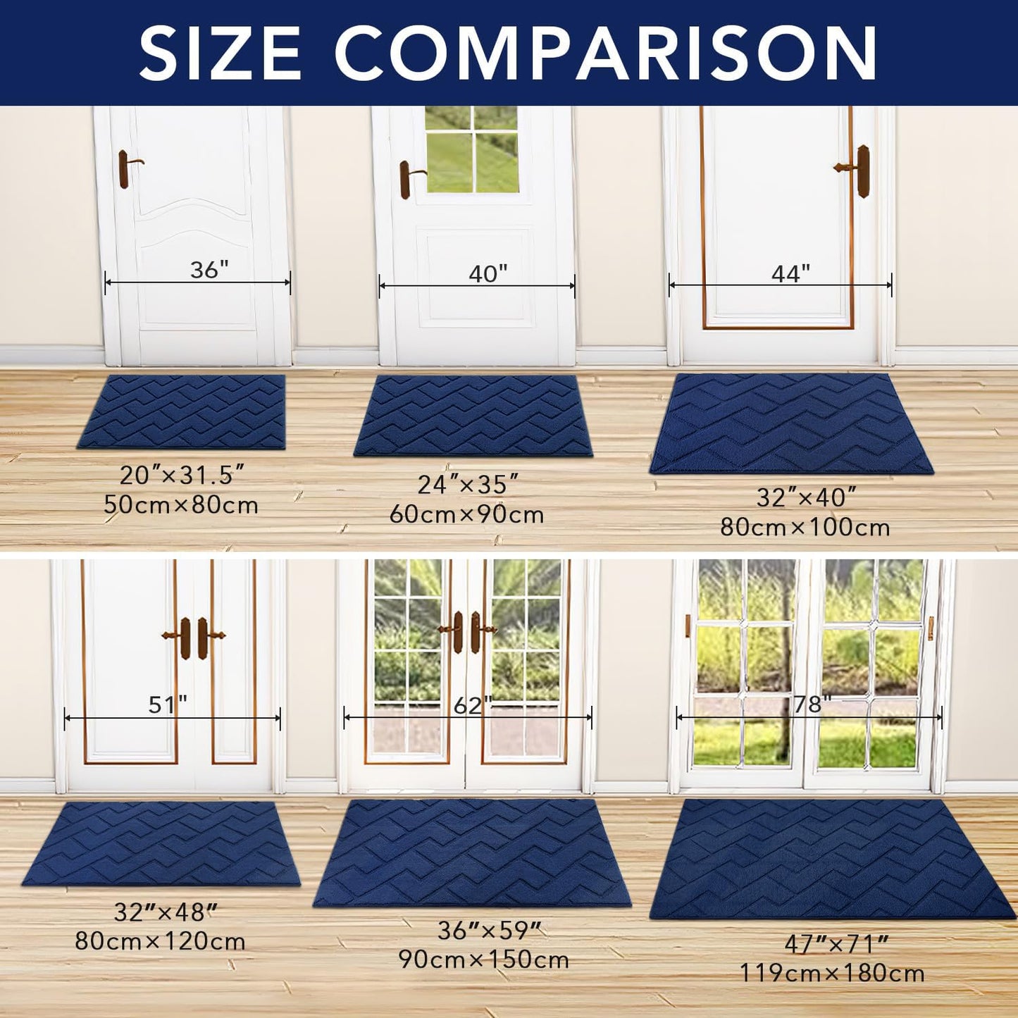 hicorfe Front Door Mat Outside Entrance,36"x59" Absorbent Muddy Dirt Resist Welcome Door Mats Outdoor Indoor,Stain and Fade Resistant,Non Slip Backing Entry Mat Doormat for Entryway(Navy Blue)