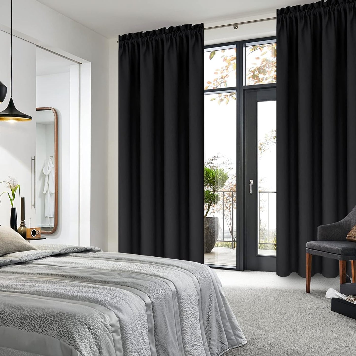 DWCN Blackout Curtains Room Darkening Thermal Insulated Bedroom Curtains Window Treatments, 42 x 45 inches Long, Set of 2 Black Rod Pocket Drapes